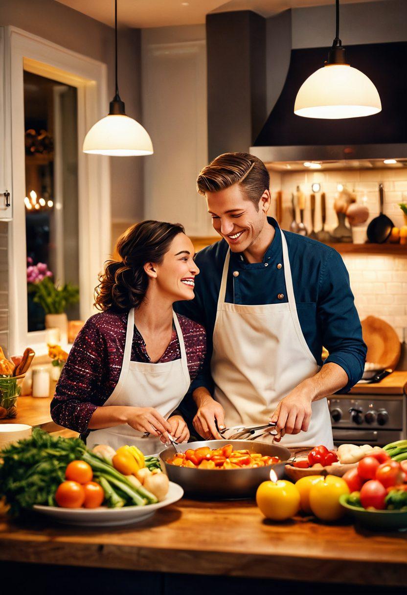 A cozy scene featuring a couple cooking together in a warmly lit kitchen, laughter and playful interactions visible, with romantic elements like a bouquet of flowers and candles in the background. Include a fun cooking dish in progress, showcasing teamwork and connection. The atmosphere should feel intimate and vibrant, with soft lighting enhancing the love theme. super-realistic. vibrant colors. warm tones.