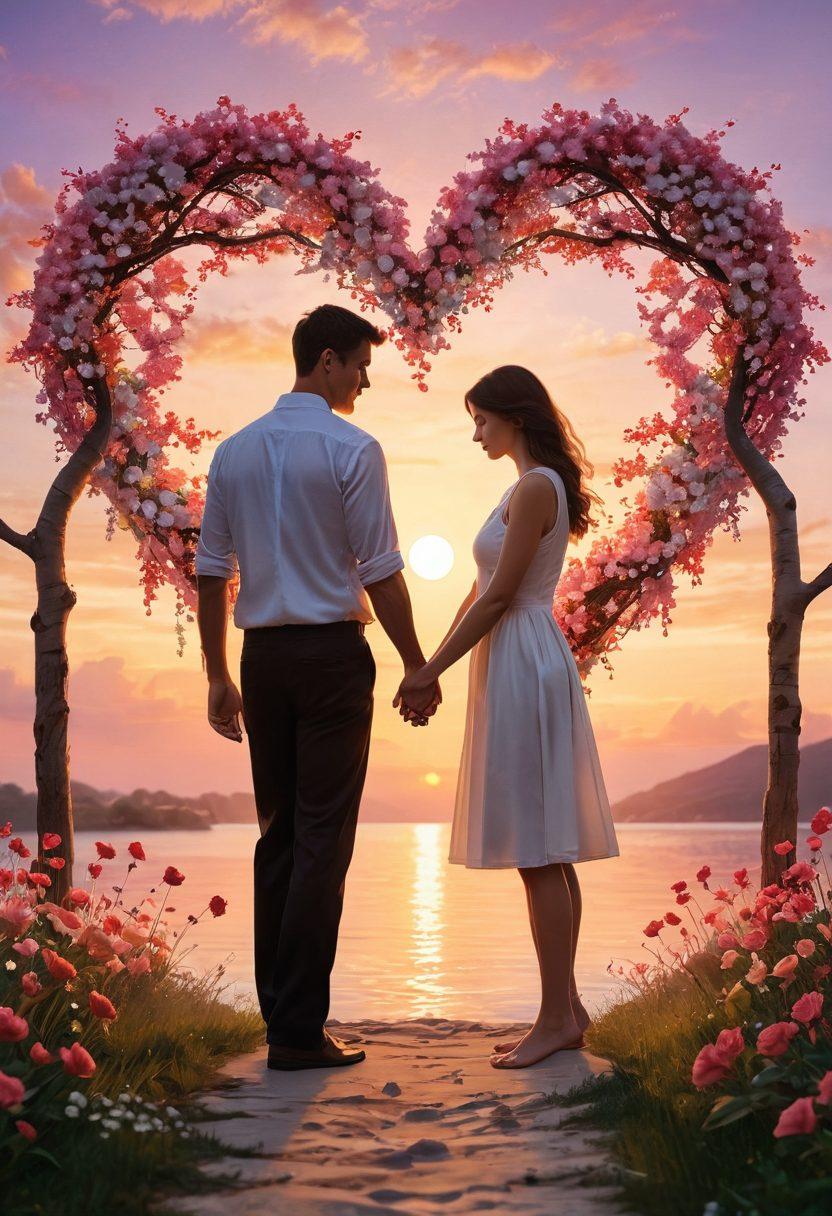 A romantic scene depicting a couple embarking on their journey of intimacy, surrounded by heart-shaped symbols, blossoming flowers, and intertwined hands. The background features a serene sunset, symbolizing warmth and connection, while soft glowing lights enhance the dreamy atmosphere. Emphasize the theme of growth and commitment, capturing the essence of their bond. super-realistic. vibrant colors. soft-focus.