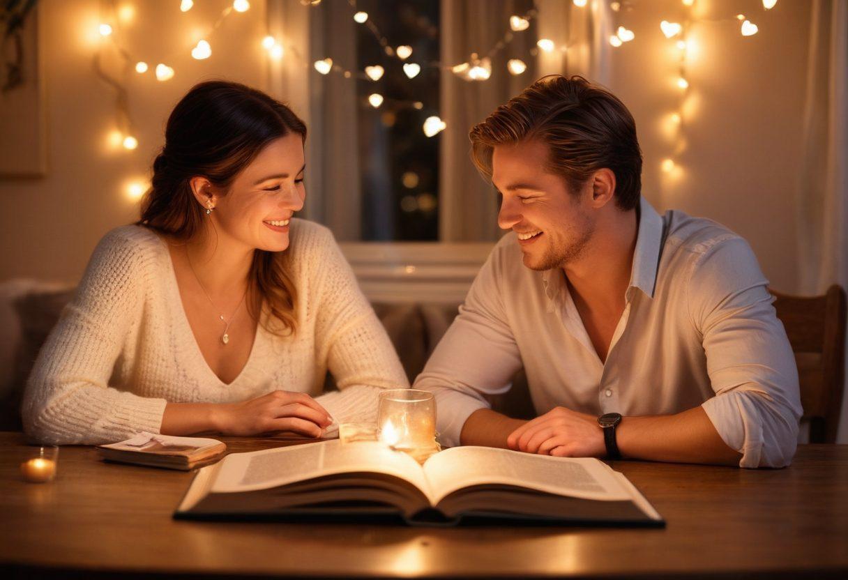 A cozy, intimate scene featuring a couple sharing a laugh over a candlelit dinner, surrounded by soft, twinkling fairy lights. Include elements like a heart-shaped pendant hanging from the ceiling and an open book titled 'Secrets to Lasting Love' on the table. The background should be filled with gentle pastel colors to evoke warmth and romance. soft-focus, romantic lighting, whimsical, vibrant colors.